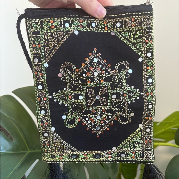 Embroidered Purse Ethnic Black Crossbody Bag with Sequins and Tassels - Picture 6 of 10